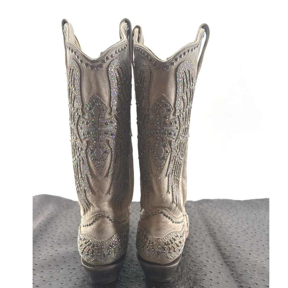 Corral Womens Bone Leather Wing and Cross Crystal Studded Boots A3571 Size 7 M - Picture 4 of 11